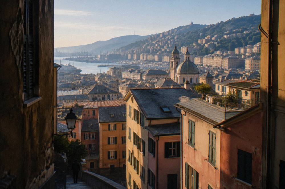 View over the old harbour rooftops and hills from an elevated position in Genoa