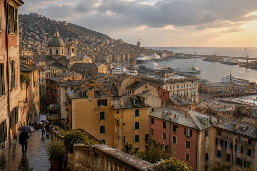 The old harbour of Genoa under autumn light with the sea beyond