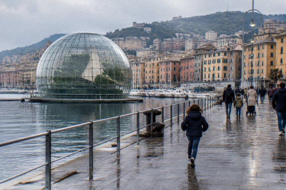 Families and visitors walking the quayside of the old harbour past the Biosfera sphere