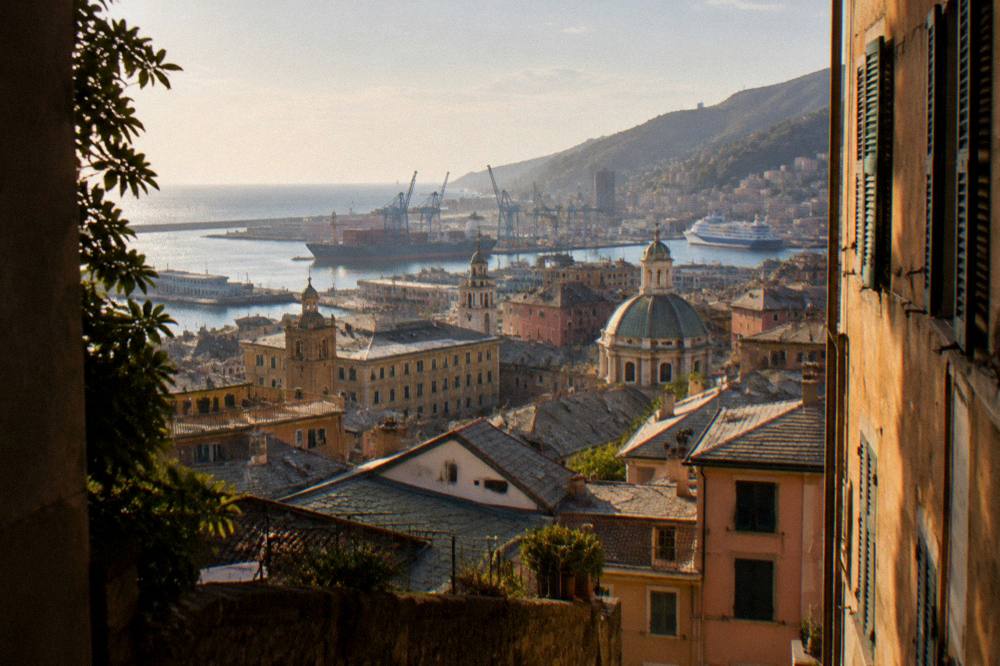 Cargo ships and ferry terminals in the port of Genoa seen from a hillside viewpoint