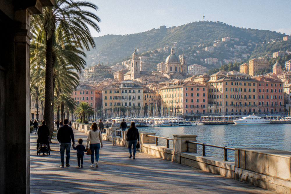 Families walking along a seaside promenade with palm trees in Genoa