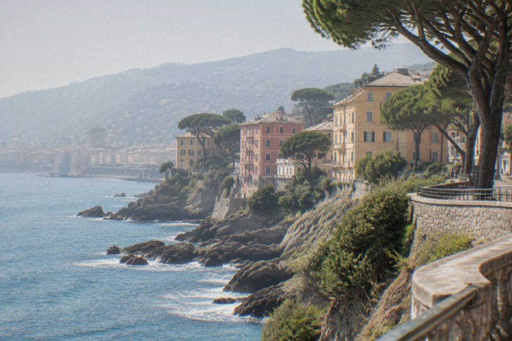 The cliff-top Anita Garibaldi promenade at Nervi curving above the sea with pine trees