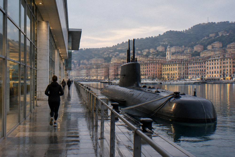 The submarine moored at the pier beside the maritime museum in evening light