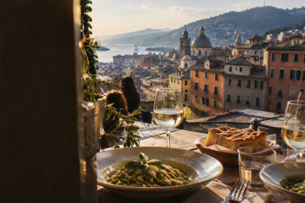 Plates of pesto pasta and focaccia on a table in a Genoa eatery