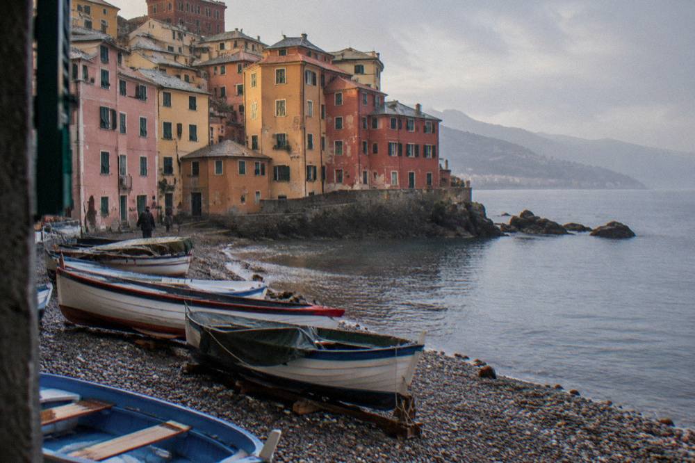 Fishing boats and colourful houses on the small beach at Boccadasse