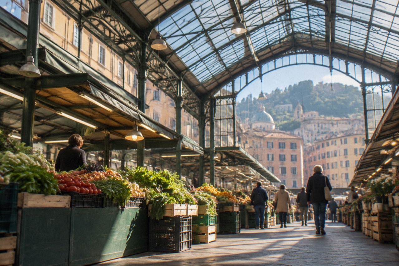 Covered market hall with produce stalls under an iron and glass roof in Genoa