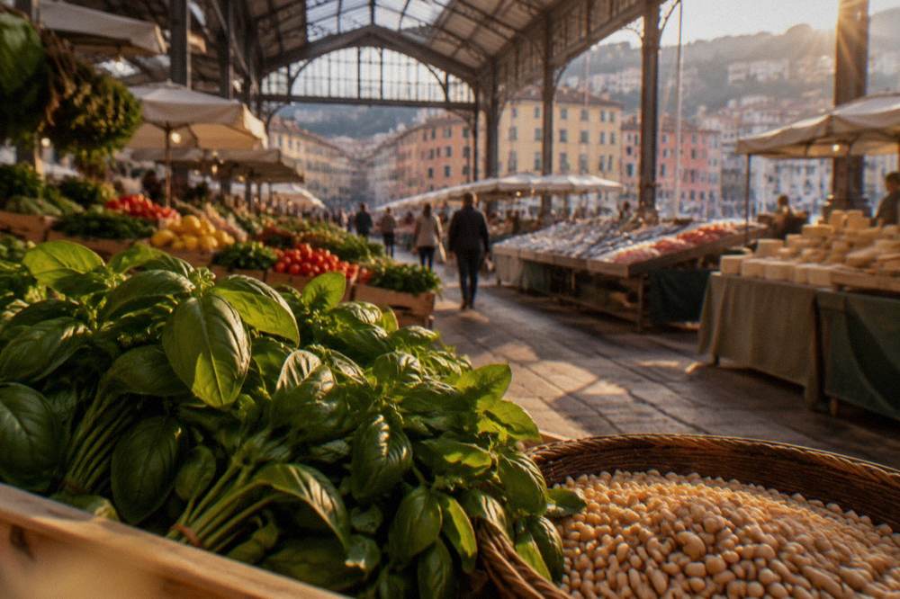 Fresh basil and pine nuts displayed together at a Ligurian market stall