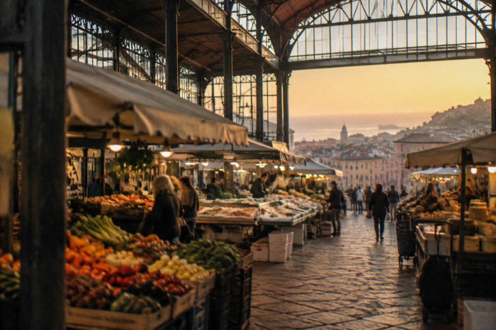Evening light over Genoa's rooftops and the Ligurian Sea from a city viewpoint