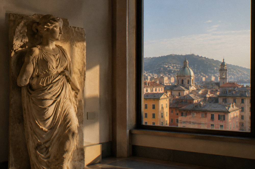 Carved stone sculpture displayed on a wall inside a Genoa museum