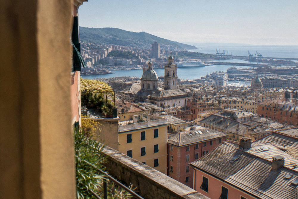 A panoramic view over the rooftops and harbour of Genoa from a hillside terrace