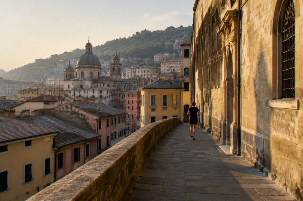 Evening light on the facade of a stone convent building in Genoa