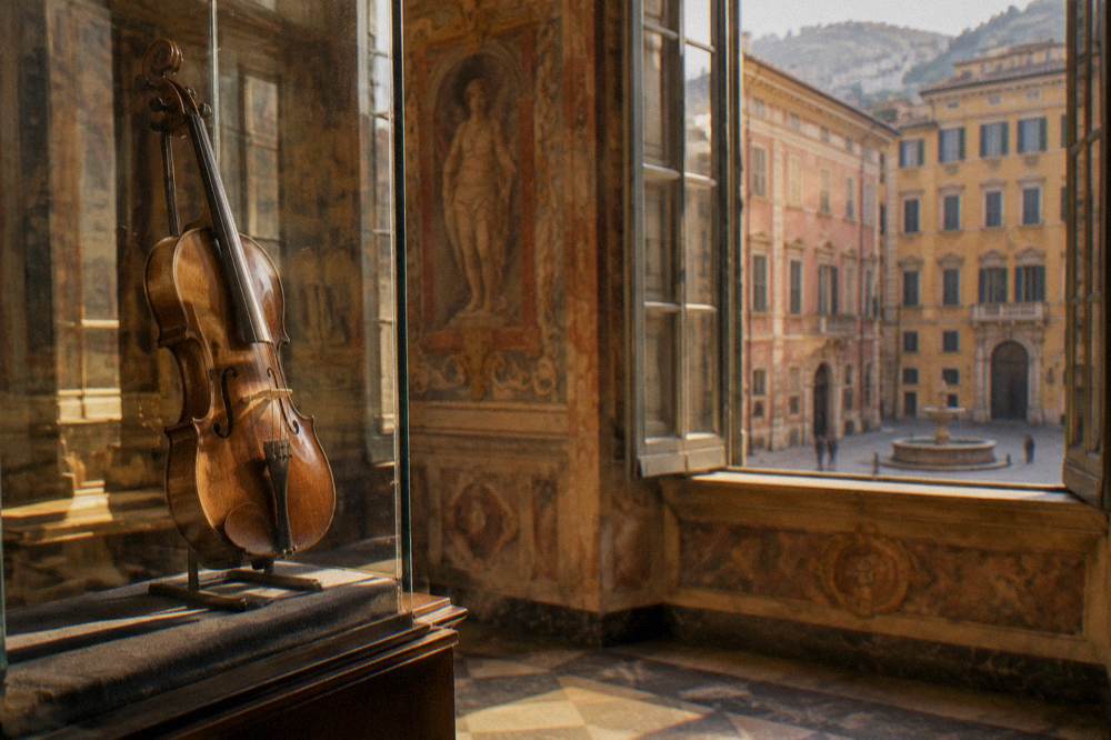 A violin displayed in a glass case inside a frescoed palace room