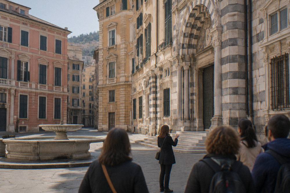 A guide speaking to a small group in front of a striped marble palace entrance