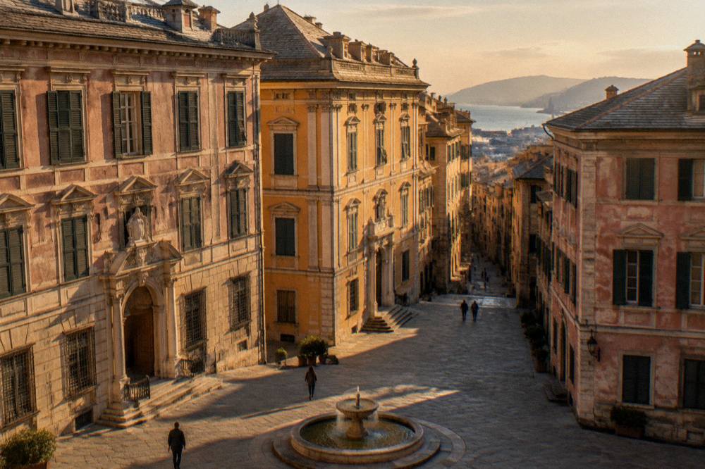 An evening view of a palace-lined street with warm light on stone facades