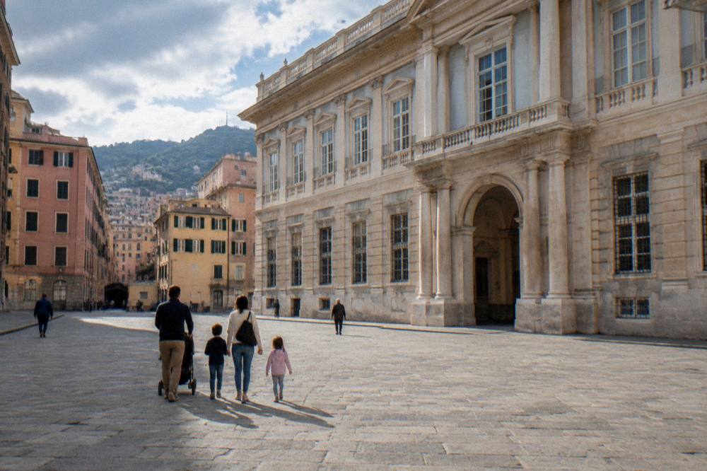 A family with children walking across the courtyard of Palazzo Ducale in Genoa