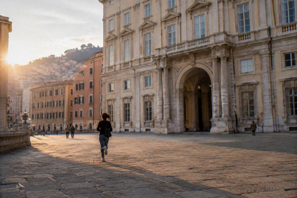 The entrance portal and stone detail of Palazzo Ducale in evening light