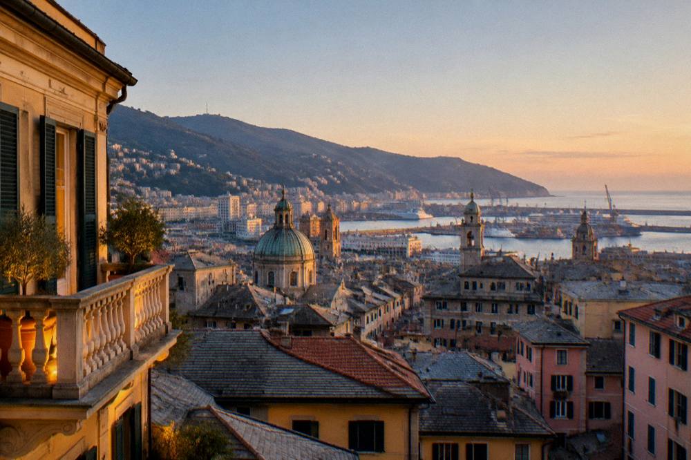 Evening view of a lit palace balcony above Genoa rooftops near the harbour