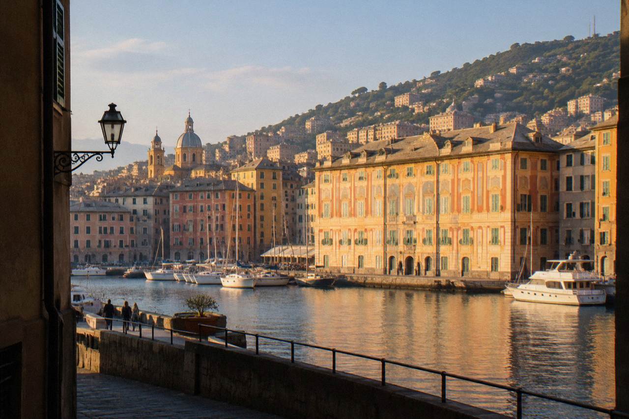 A large painted palace facade beside the old harbour in Genoa at golden hour