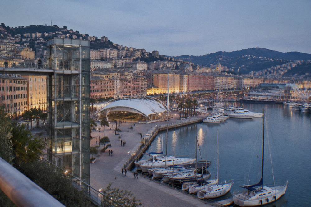 Panoramic lift structure and harbour promenade in Genoa's old port