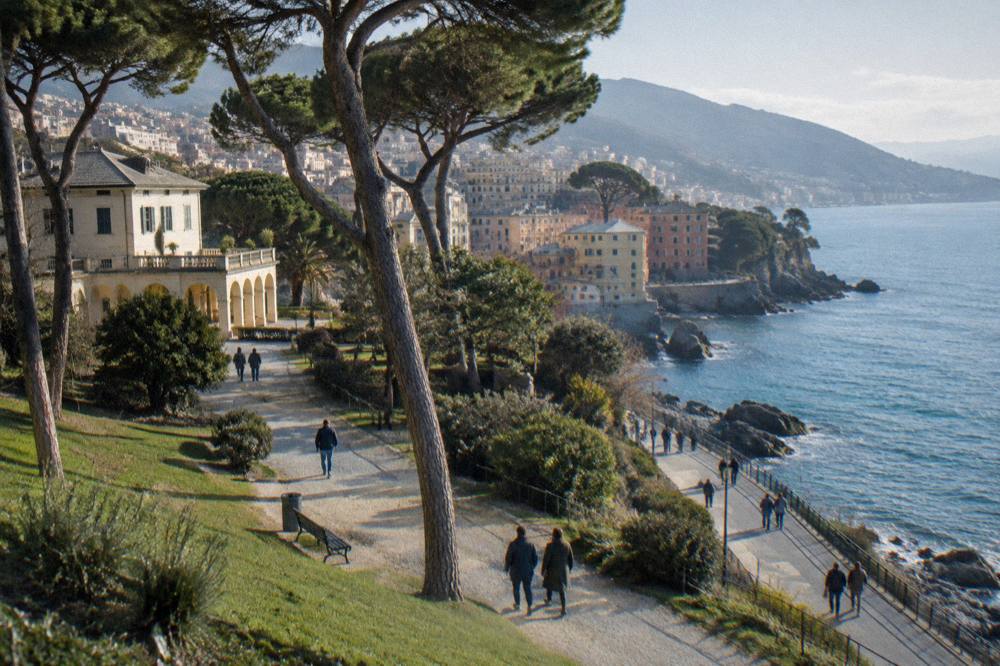 People strolling on a seaside promenade with railings, rocks and clear water below