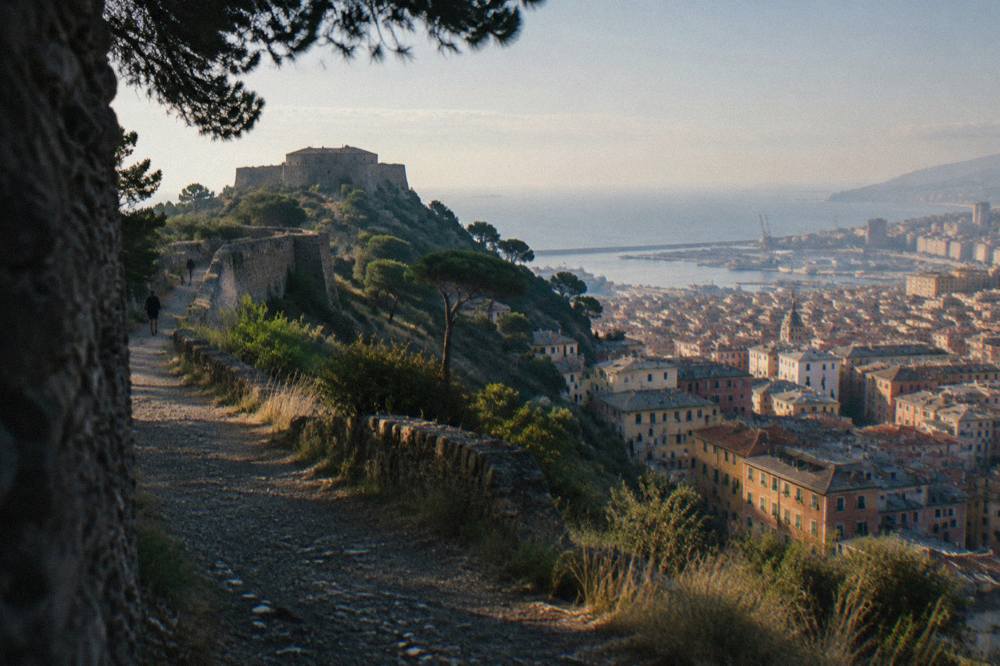 A long stone wall following a wooded ridge above Genoa's rooftops