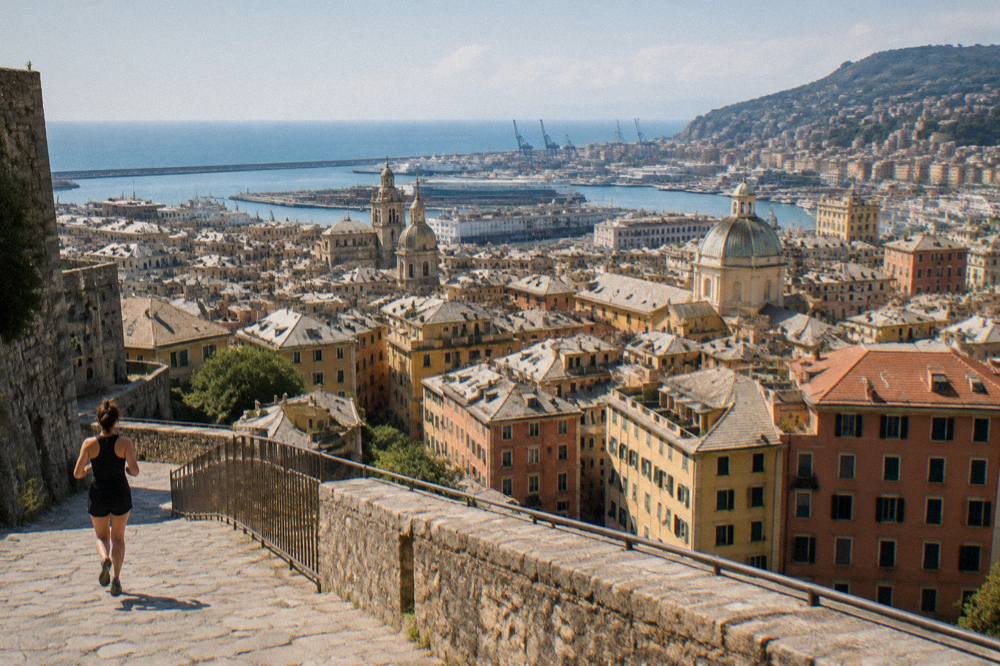 Wide view from a Genoa fort over the city grid, harbour and Mediterranean
