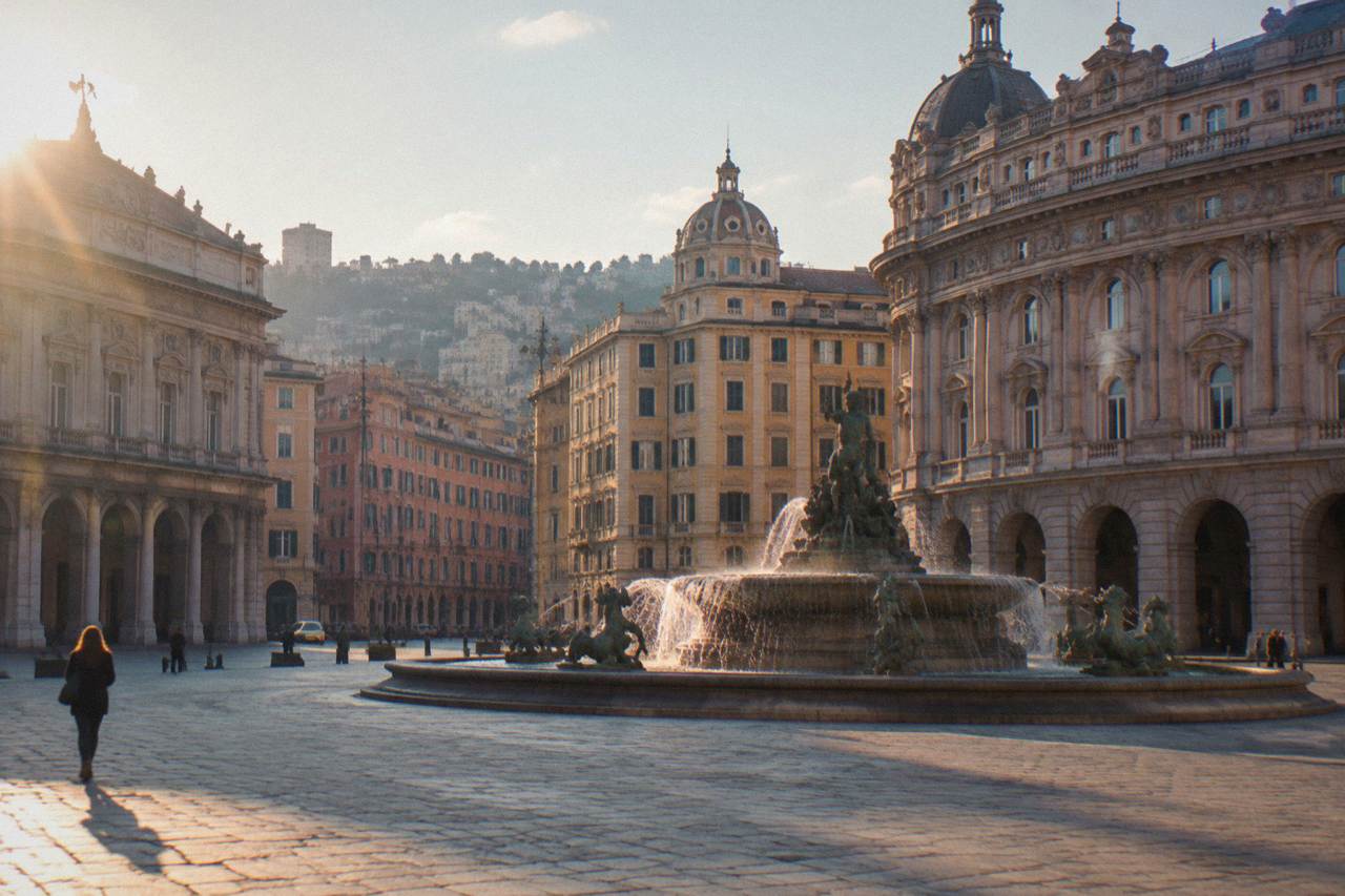 A large fountain with bronze figures in a city square surrounded by ornate buildings