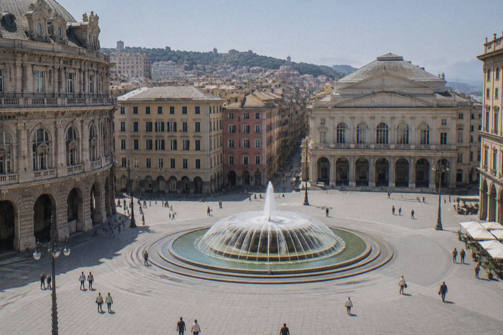 People crossing a broad city square with a fountain and tall facades