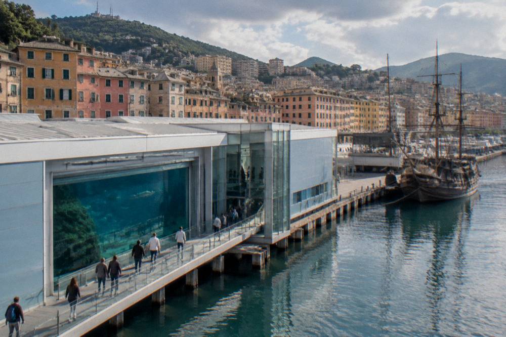 An aquarium hall with a large glass tank and visitors walking along a ramp
