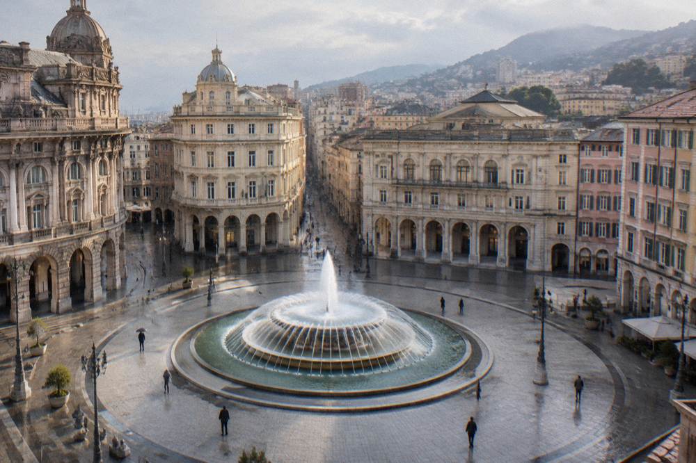 A large oval city square of pale paving around a wide round fountain, ringed by grand stone and cream stucco palaces with arched ground floors