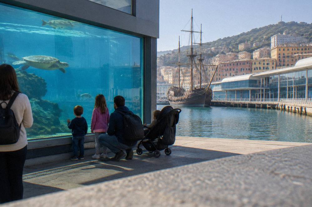 Families with children watching a large aquarium tank through glass in Genoa