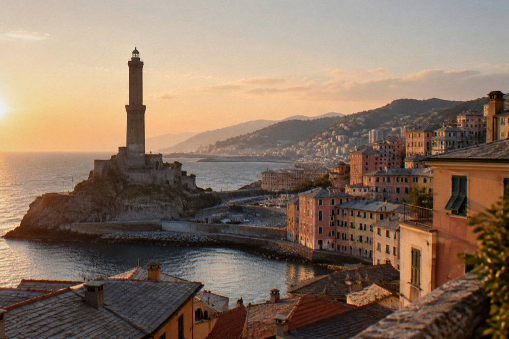 The stone tower of the Lanterna lighthouse rising above the harbour entrance in Genoa
