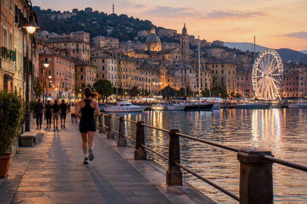 Evening light over the old harbour of Genoa with the Ferris wheel and illuminated promenade