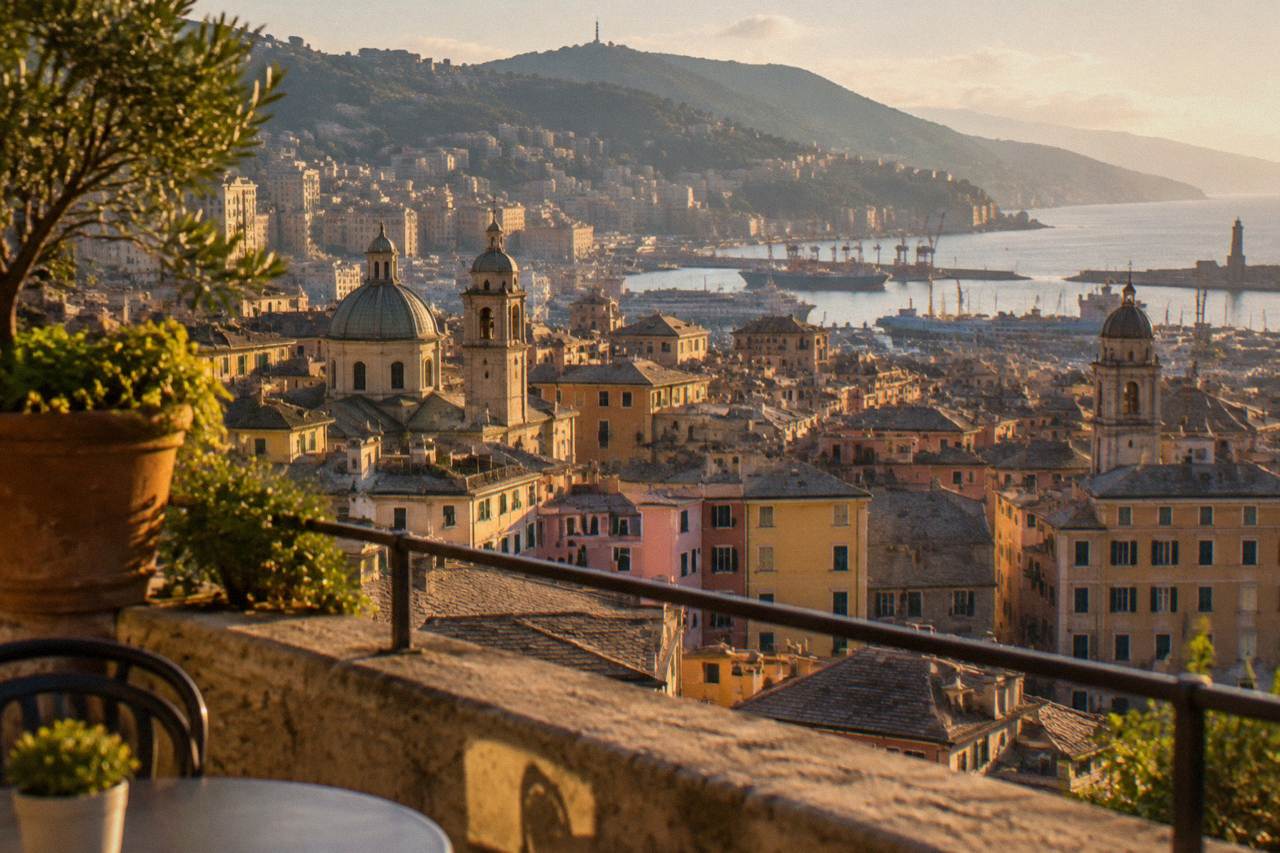 A panoramic terrace above the rooftops of Genoa with the harbour and hills in the background