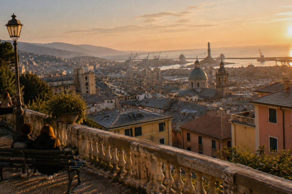 Terraced hillside houses descending toward the dense centre of Genoa and the sea