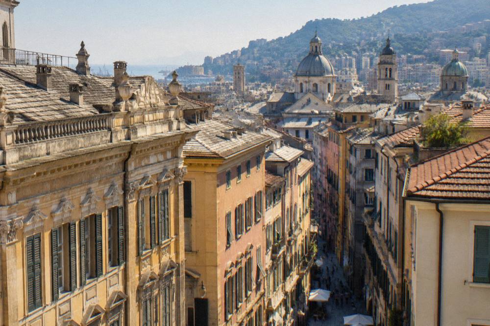 A Renaissance palace street with ornate facades in Genoa seen from above