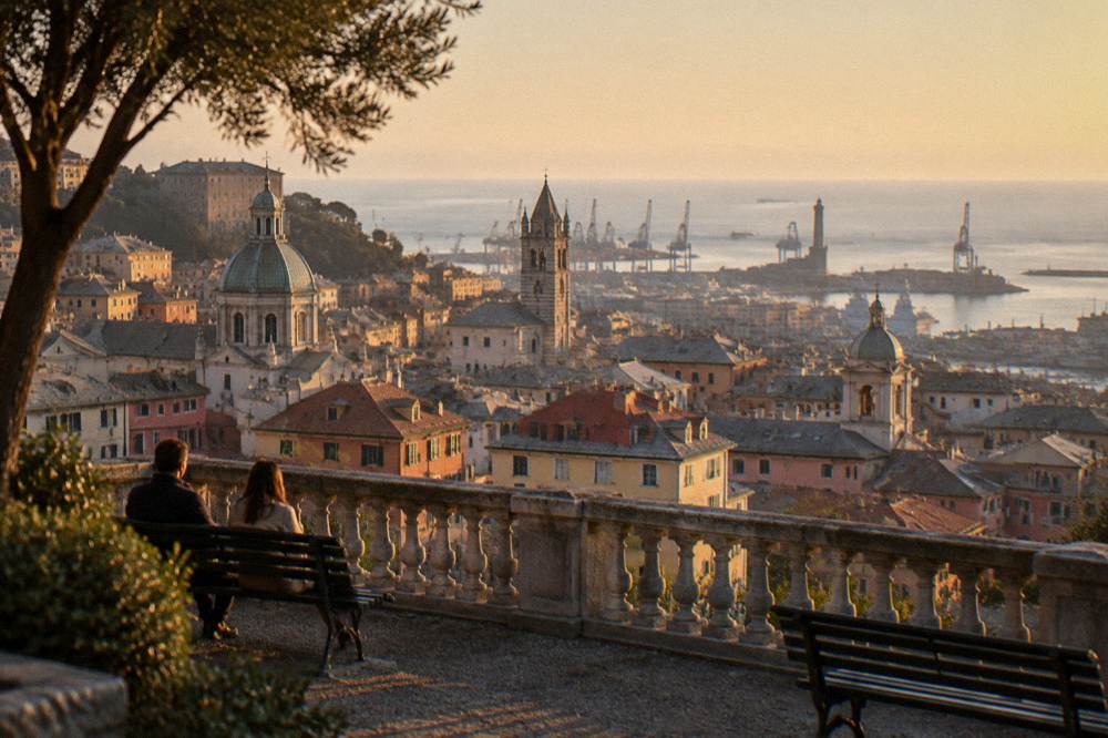 A small hillside terrace with a stone balustrade looking out over a dense sea of terracotta and slate roofs, church domes and a hazy sea beyond