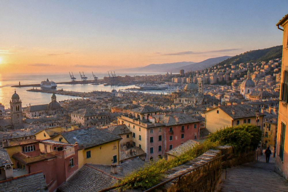An evening view over Genoa rooftops and the illuminated harbour from a hillside path