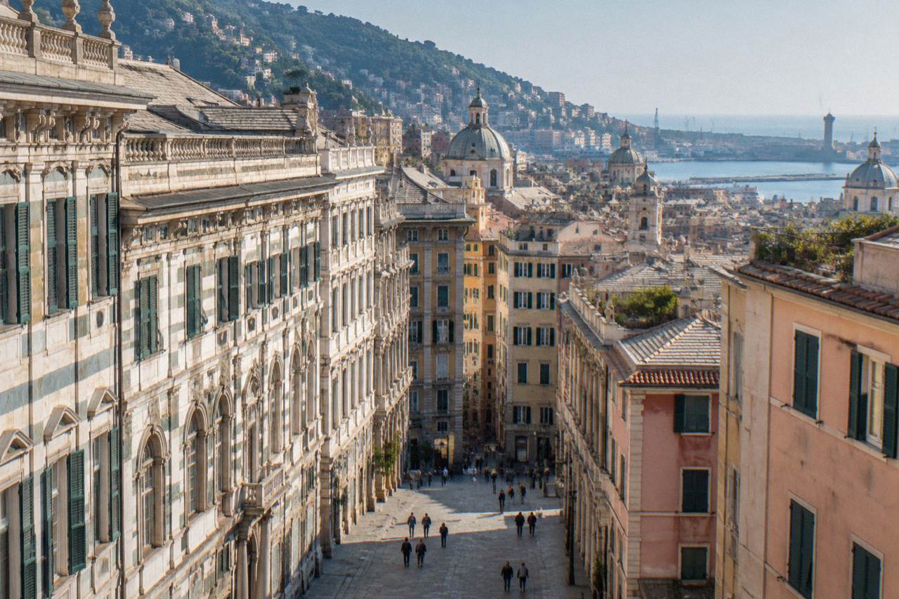 A broad Renaissance street in Genoa lined with striped marble palaces