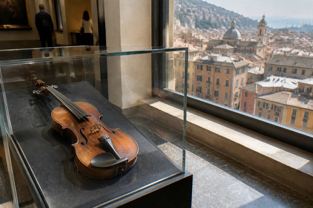 A historic violin displayed in a glass case in a Genoa museum