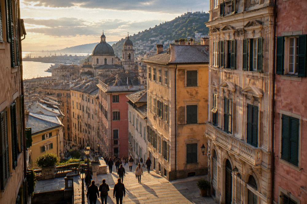 Visitors walking along a palace-lined street in Genoa at golden hour