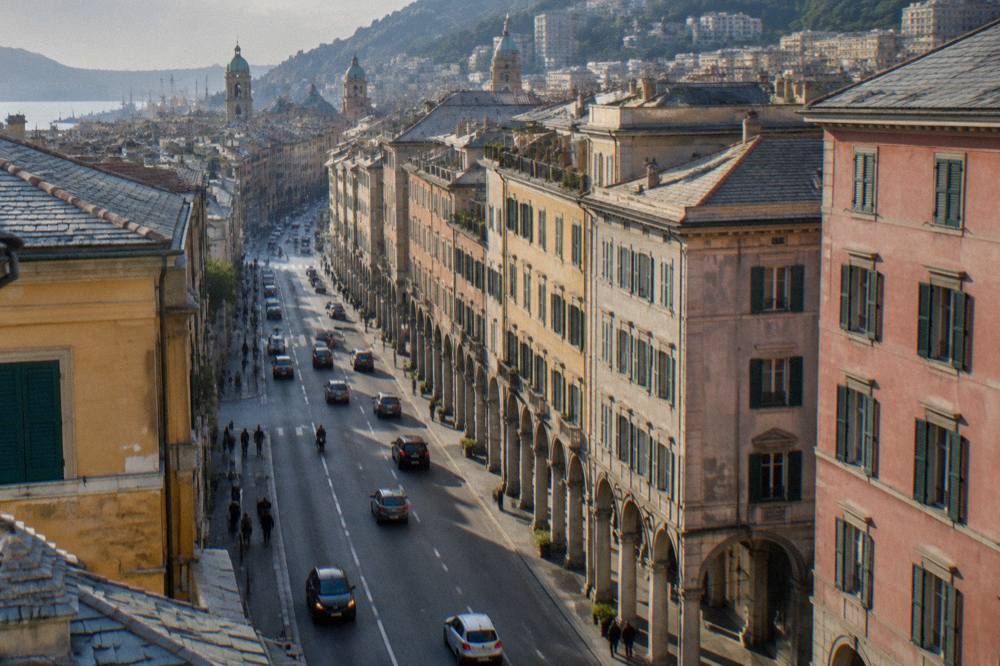 A long perspective down a straight avenue in Genoa with arcade columns along the pavements and traffic in the middle