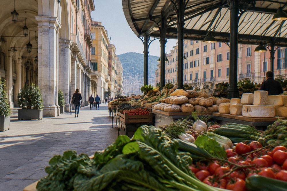 A covered food market hall with stalls of vegetables, bread and cheese under an iron roof