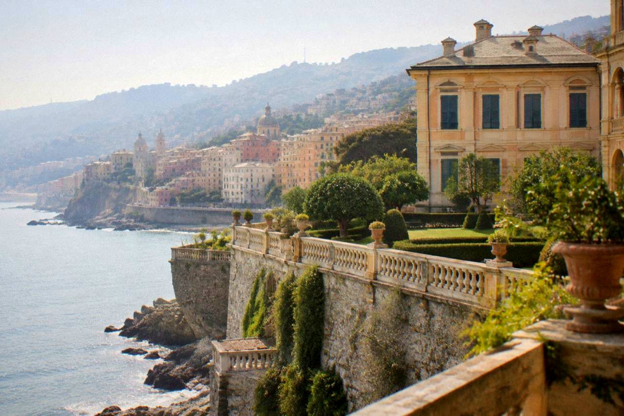 A Renaissance seaside villa with a formal garden terrace above the water in Genoa