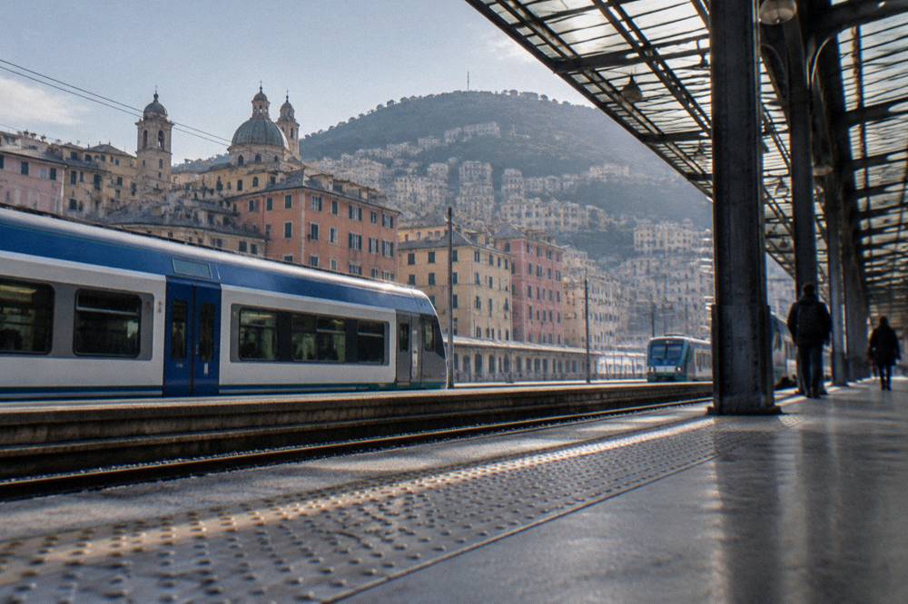 A train station platform with regional trains under a glass roof in Genoa