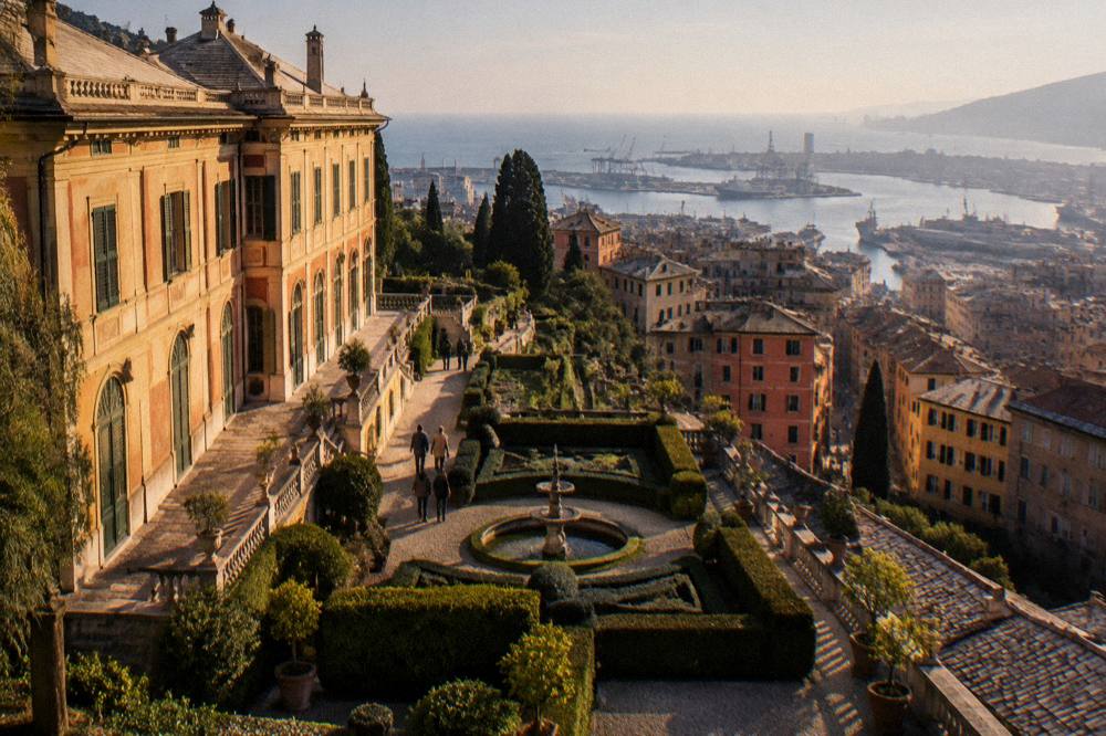 Formal Italian gardens with clipped hedges and a fountain by the sea