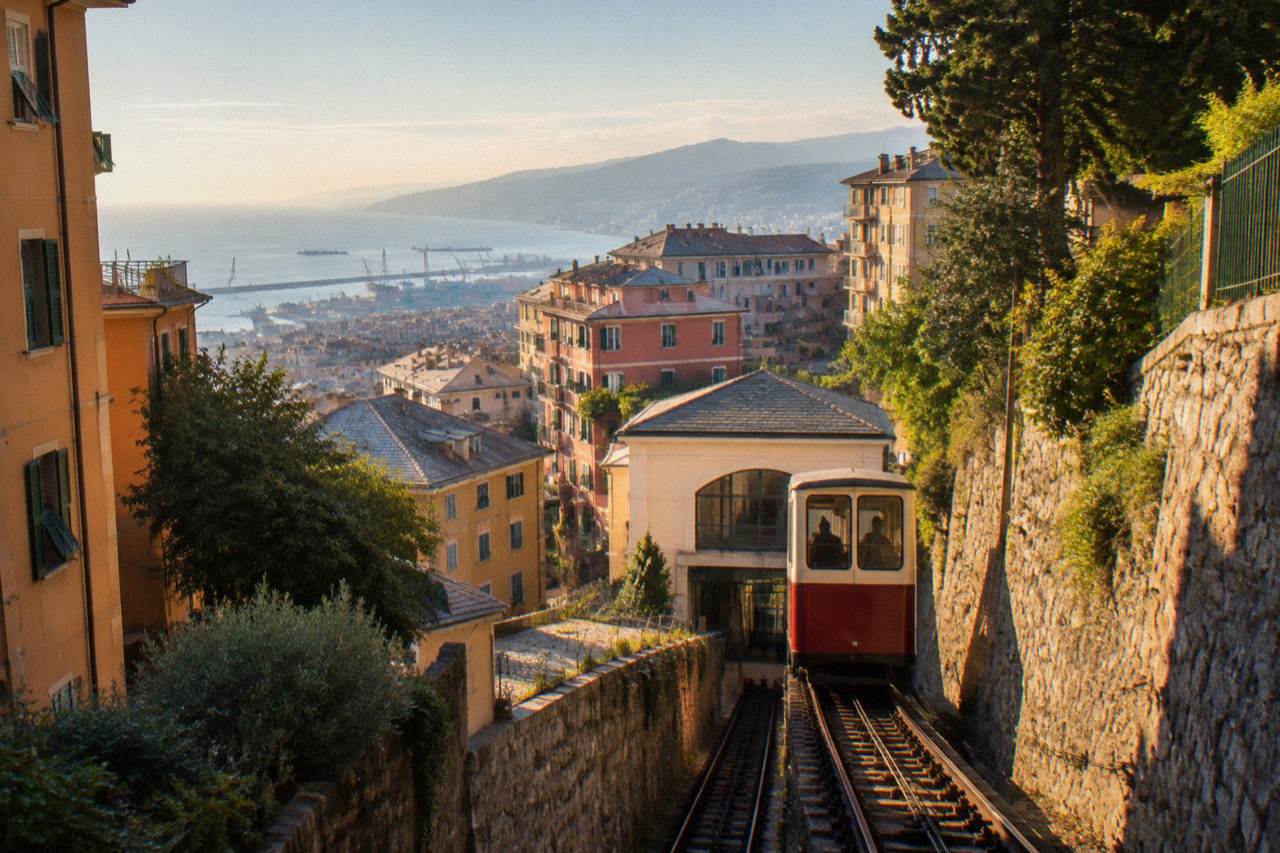 A funicular car climbing a steep track through buildings on a hillside above Genoa
