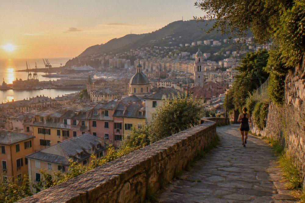 A green hillside path with stone walls above the city of Genoa