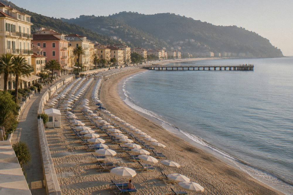 Rows of sun umbrellas and deck chairs on golden sand beside a calm sea