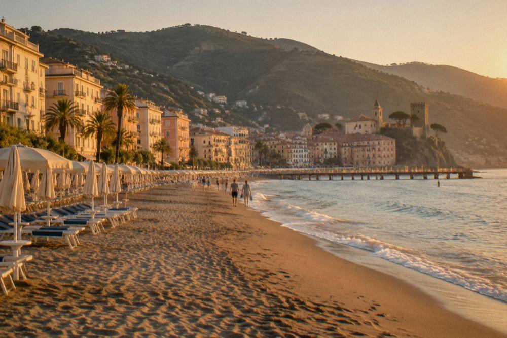 A small Ligurian coastal town with colourful buildings and a stone tower above the shore